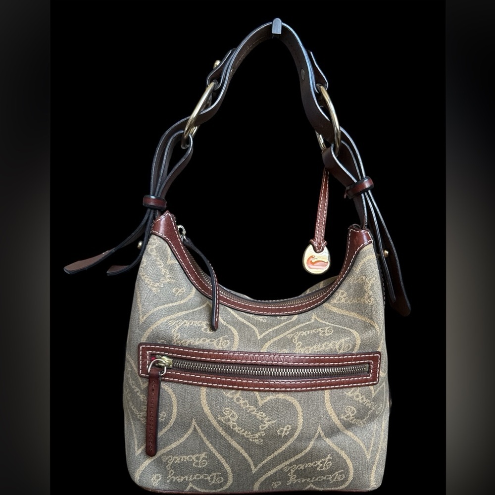 Vtg Dooney Bourke Denim Heart Olive Green & Amber Signature Bag Slouch Purse - Picture 4 of 10